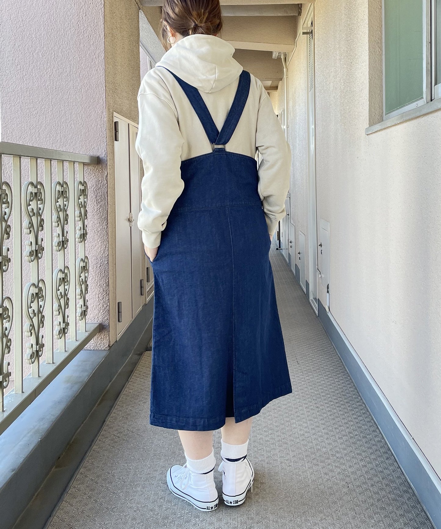 《環境配慮素材》 OG DENIM JUMPER SKIRT オーガニックコットン ブリーチデニム オールシーズン素材［145-165cm］