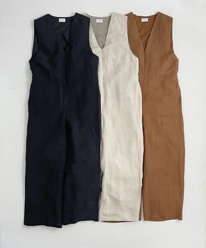 [Environmentally friendly material] LINEN/RAYON V/N SALOPETTE Cool touch feeling On/off use Setup compatible [115-145cm]