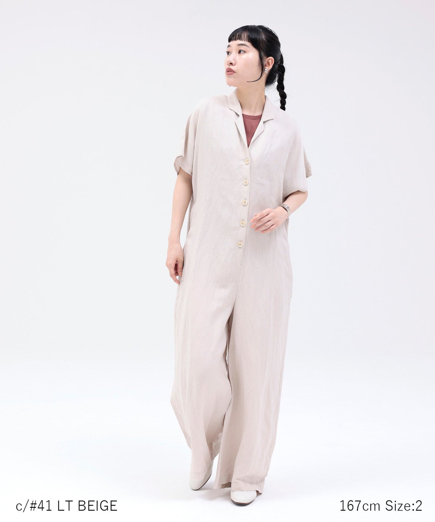 《Environmentally friendly material》LINEN/RAYON OPEN COLLAR SALOPETTE Cool touch on/off use [155-165cm]