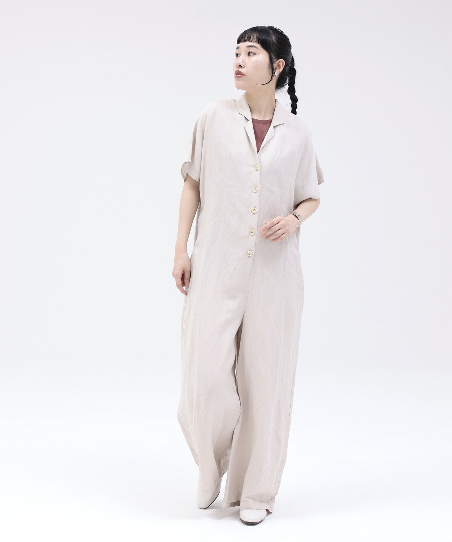 《Environmentally friendly material》LINEN/RAYON OPEN COLLAR SALOPETTE Cool touch on/off use [155-165cm]