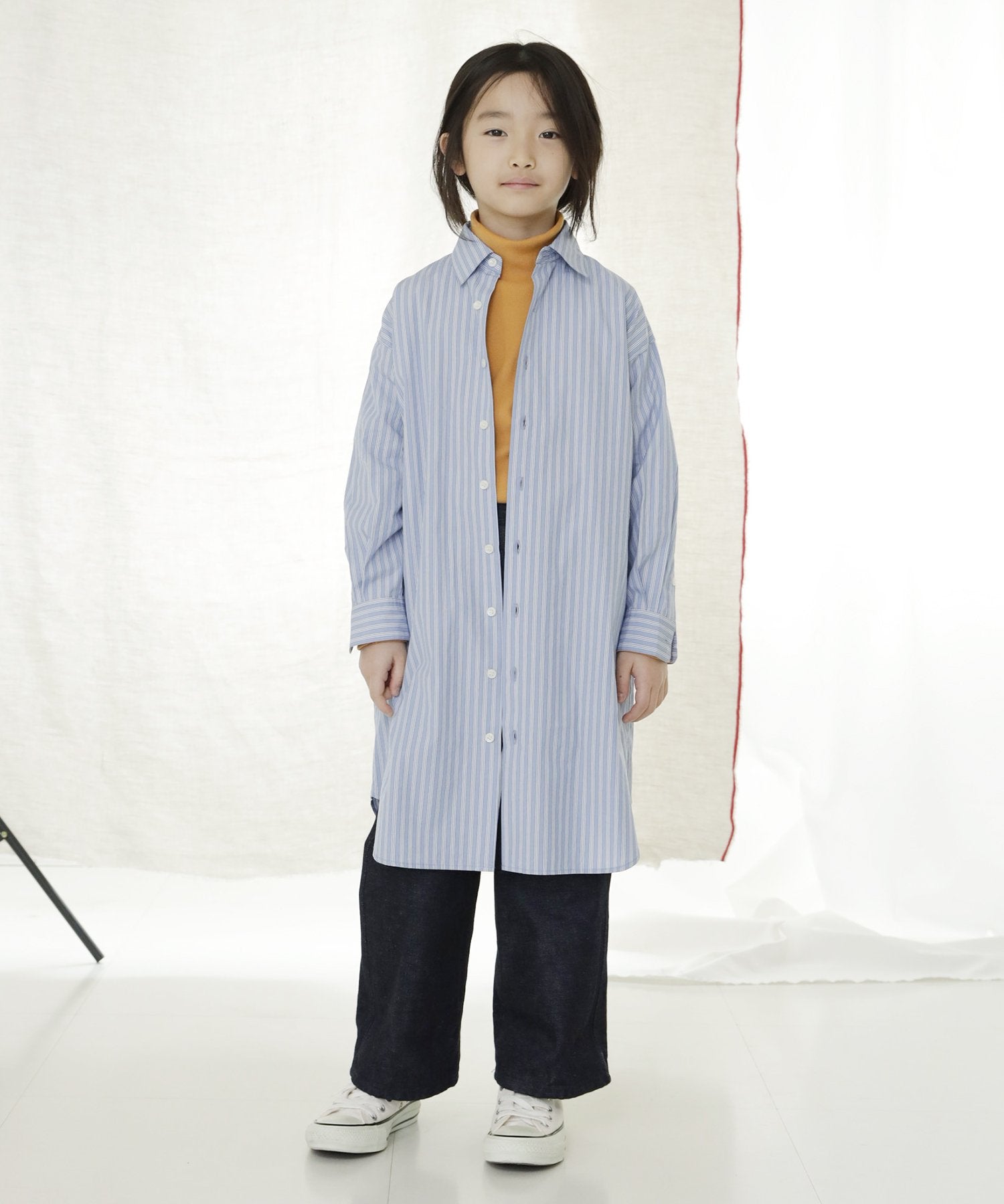 COTTON STRIPE DRESS オンオフ兼用 ロングシャツ［115-145cm