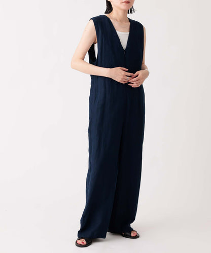 《Environmentally friendly material》LINEN/RAYON V/N SALOPETTE Cool touch feeling On/off use Setup compatible [145-165cm]