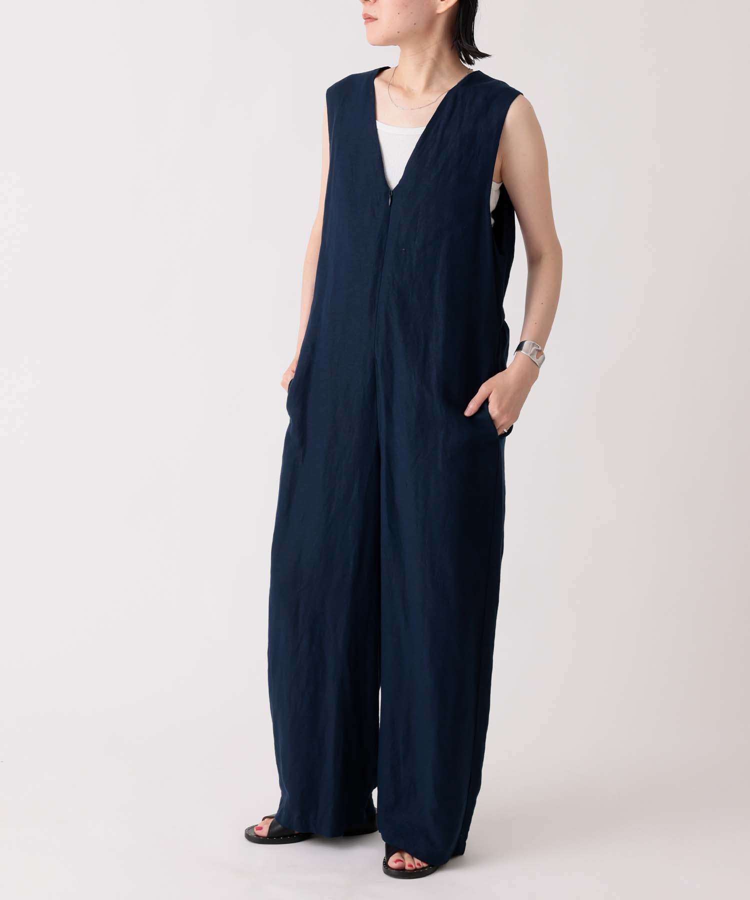 環境配慮素材》LINEN/RAYON V/N SALOPETTE 接触冷感 オンオフ