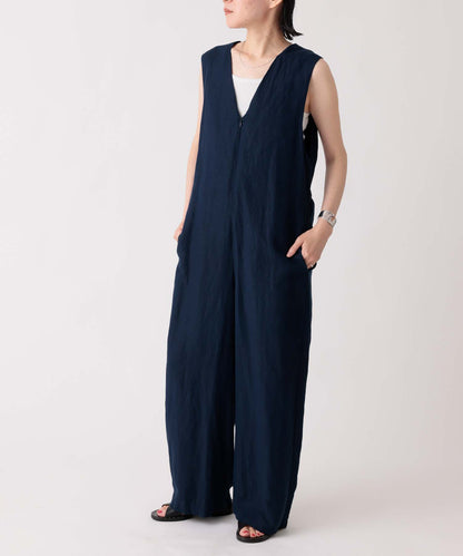 《Environmentally friendly material》LINEN/RAYON V/N SALOPETTE Cool touch feeling On/off use Setup compatible [145-165cm]