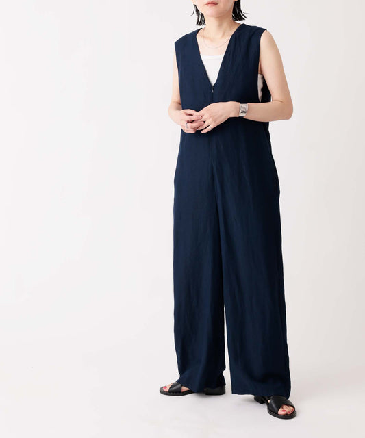 《環境配慮素材》LINEN/RAYON V/N SALOPETTE 接触冷感 オンオフ兼用 セットアップ対応［145-165cm］