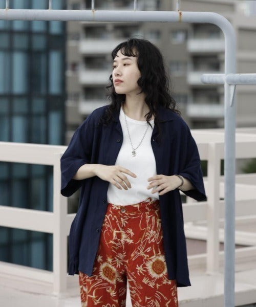 [Environmentally friendly material] LINEN/RAYON OPEN COLLAR SHIRT Cool touch feeling On/off use Setup compatible [145-175cm]