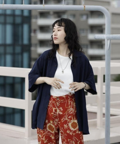 [Environmentally friendly material] LINEN/RAYON OPEN COLLAR SHIRT Cool touch feeling On/off use Setup compatible [145-175cm]