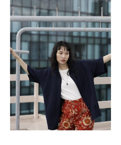 [Environmentally friendly material] LINEN/RAYON OPEN COLLAR SHIRT Cool touch feeling On/off use Setup compatible [145-175cm]